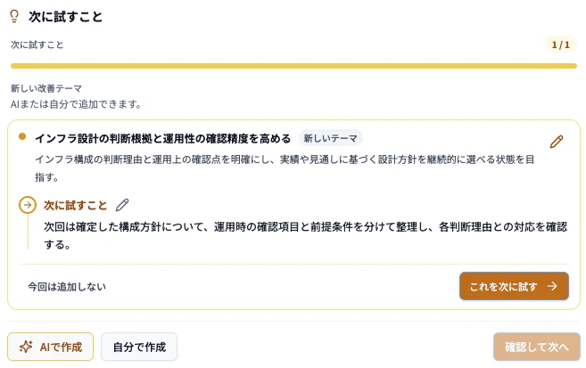 次に試すことをAI作成または自分で作成から選ぶ画面